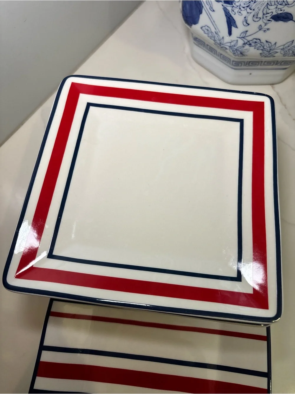 Tommy Hilfiger Square Appetizer 4 Plate Set Red White Blue Striped Ceramic 7”